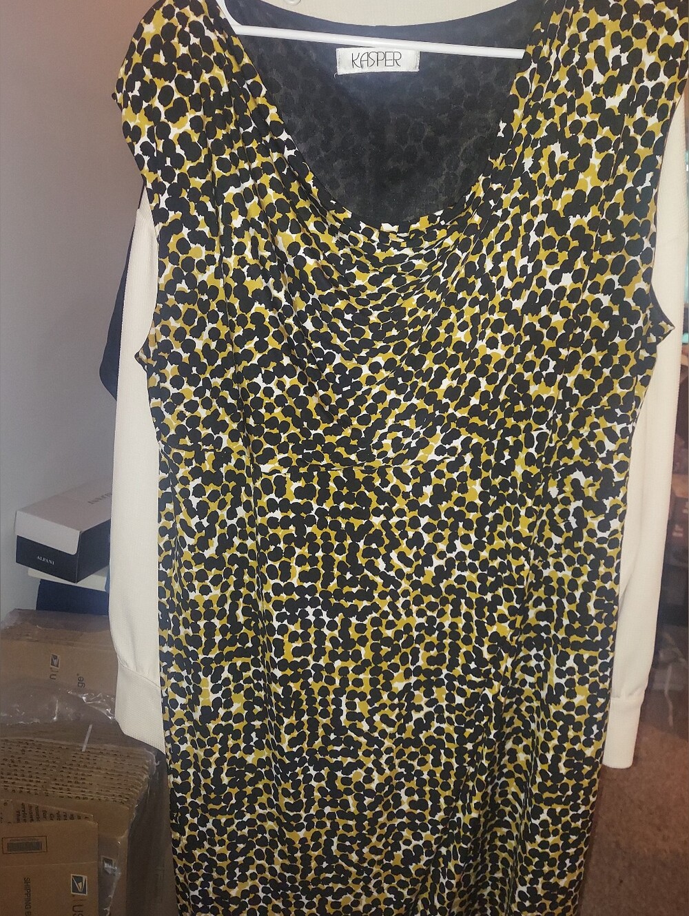 Kasper Yellow Black White Abstract Dot Cowl Neck Dress